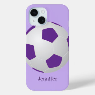 iPhone Soccer, Purple Personalised Name 15 Case