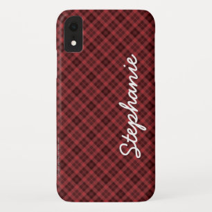 iPhone XR Case Red Black Tartan Plaid Name