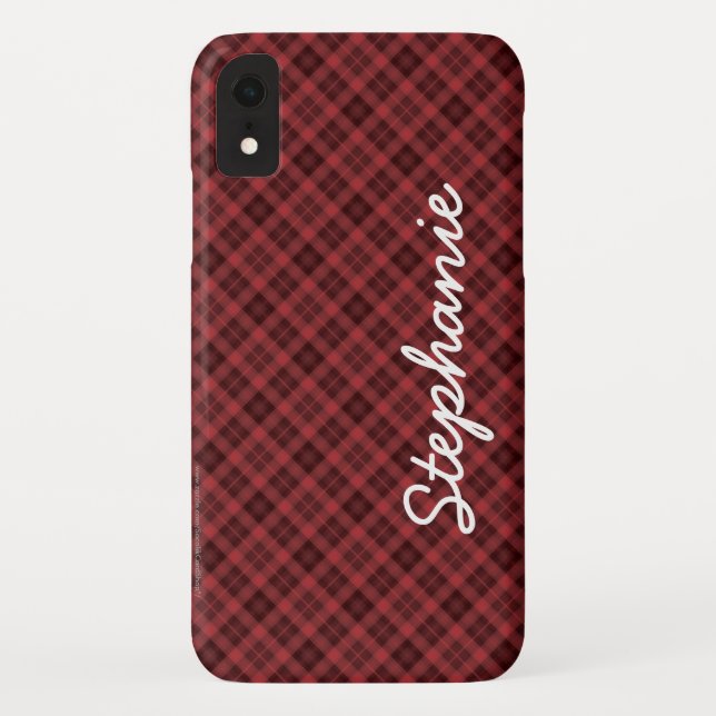 iPhone XR Case Red Black Tartan Plaid Name (Back)