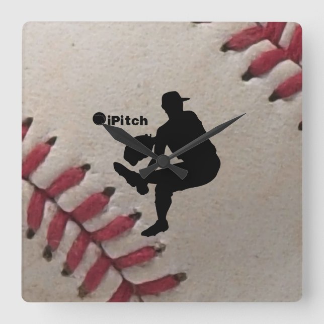 iPitch Player Silhouette On Baseball Background Square Wall Clock (Front)