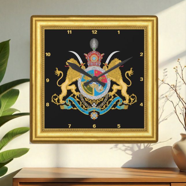 Iran Clock, Imperial Coat of Arms 1925-1979, Gold Square Wall Clock (Creator Uploaded)