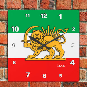 Iran Clock, Persian flag with Lion, Shah of Iran Square Wall Clock