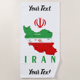 Iran Map with Flag and Emblem Beach Towel