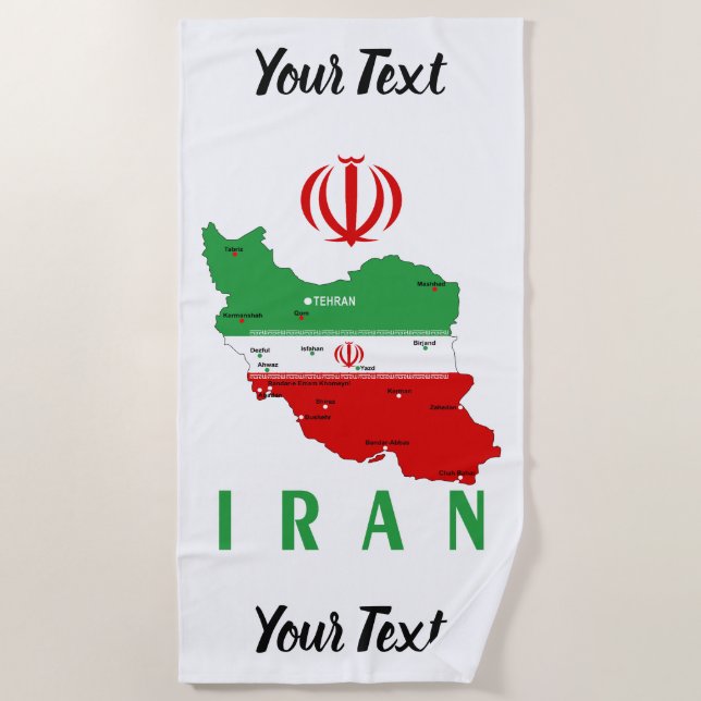 Iran Map with Flag and Emblem Beach Towel (Front)
