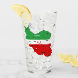 Iran Map with Flag and Emblem Glass