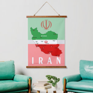 Iran Map with Flag and Emblem Hanging Tapestry