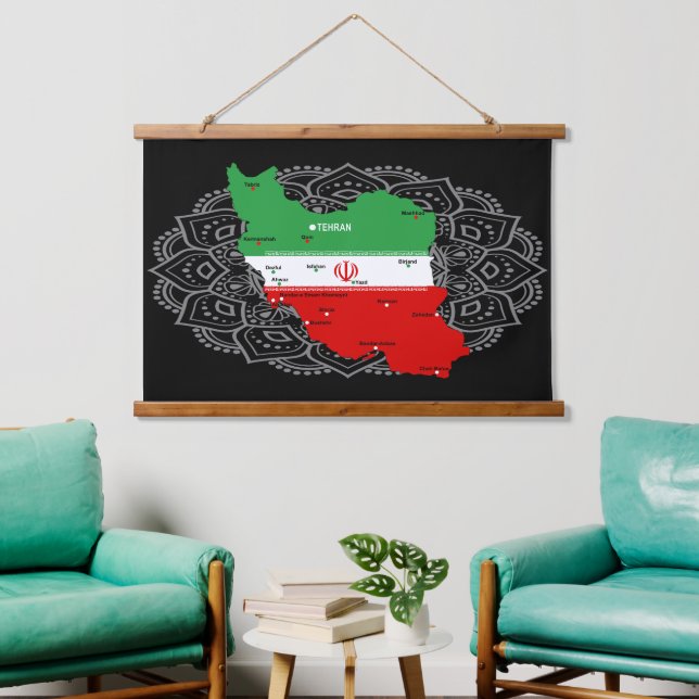 Iran Map with Flag and Emblem Hanging Tapestry (Living Room)