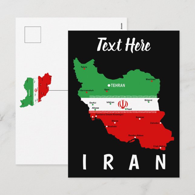 Iran Map with Flag and Emblem Holiday Postcard (Front/Back)