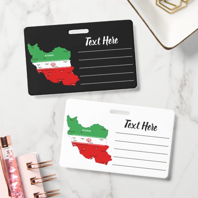 Iran Map with Flag and Emblem ID Badge (Office)
