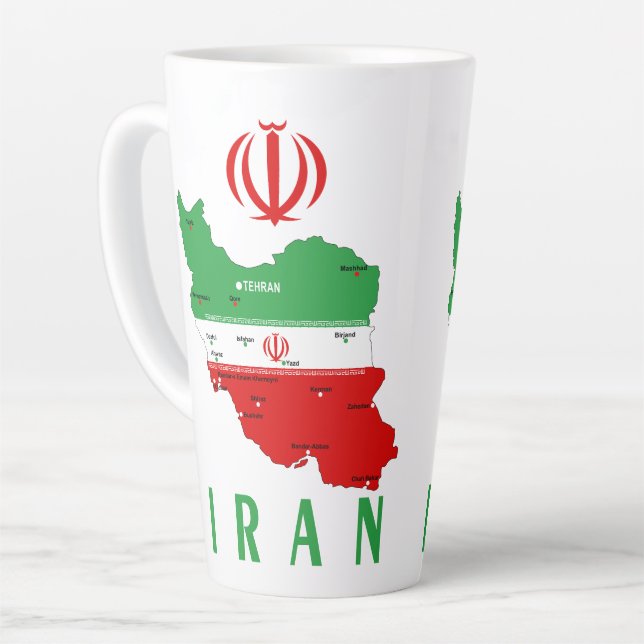 Iran Map with Flag and Emblem Latte Mug (Left Angle)