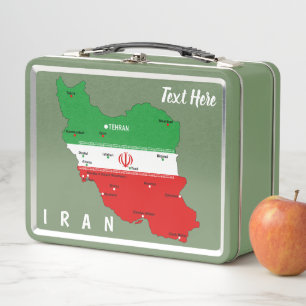 Iran Map with Flag and Emblem Metal Lunch Box