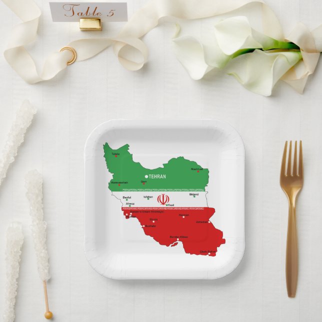 Iran Map with Flag and Emblem Paper Plate (Wedding)