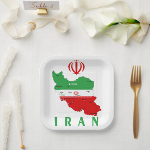 Iran Map with Flag and Emblem Paper Plate