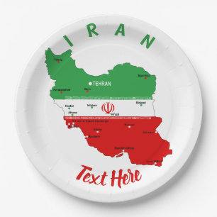 Iran Map with Flag and Emblem Paper Plate