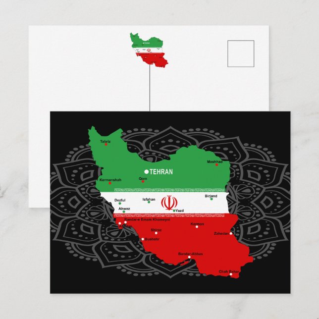 Iran Map with Flag and Emblem Postcard (Front/Back)