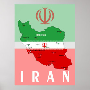 Iran Map with Flag and Emblem Poster