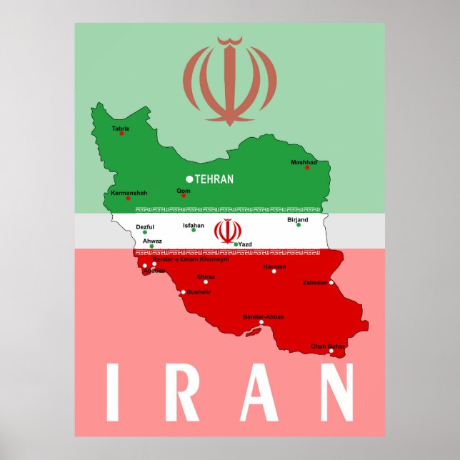 Iran Map with Flag and Emblem Poster (Front)