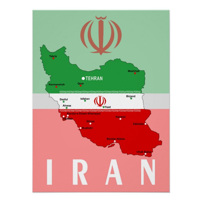 Iran Map with Flag and Emblem Poster (Front)
