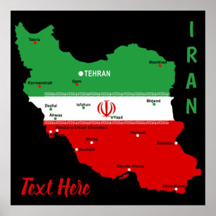 Iran Map with Flag and Emblem Poster