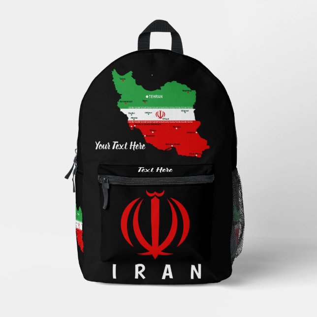 Iran Map with Flag and Emblem Printed Backpack (Front)