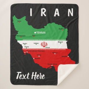 Iran Map with Flag and Emblem Sherpa Blanket