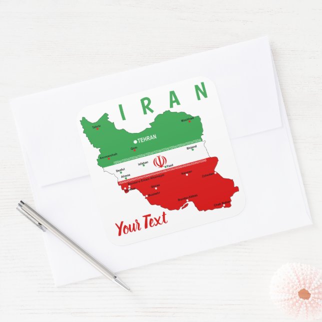 Iran Map with Flag and Emblem Square Sticker (Envelope)
