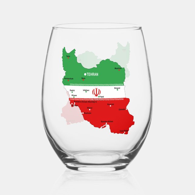 Iran Map with Flag and Emblem Stemless Wine Glass (Front)
