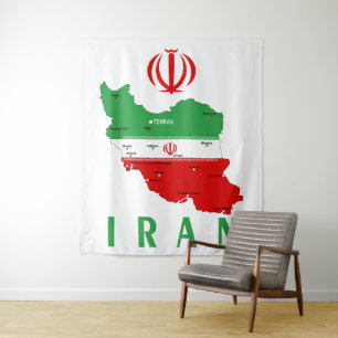 Iran Map with Flag and Emblem Tapestry