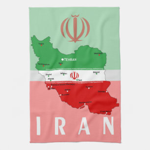 Iran Map with Flag and Emblem Tea Towel