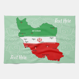 Iran Map with Flag and Emblem Tea Towel