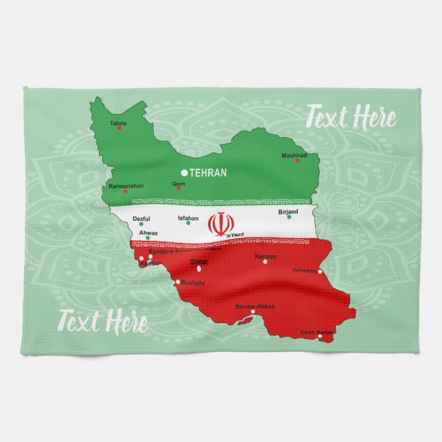 Iran Map with Flag and Emblem Tea Towel (Horizontal)