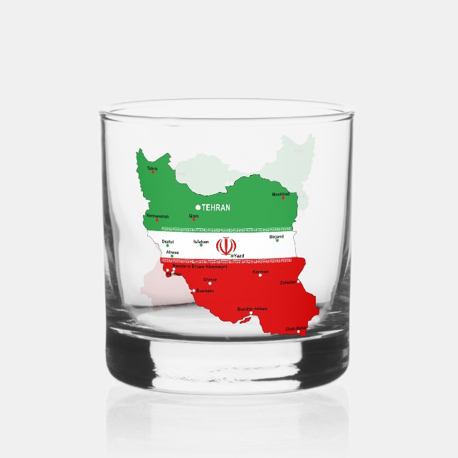 Iran Map with Flag and Emblem Whiskey Glass (Front)