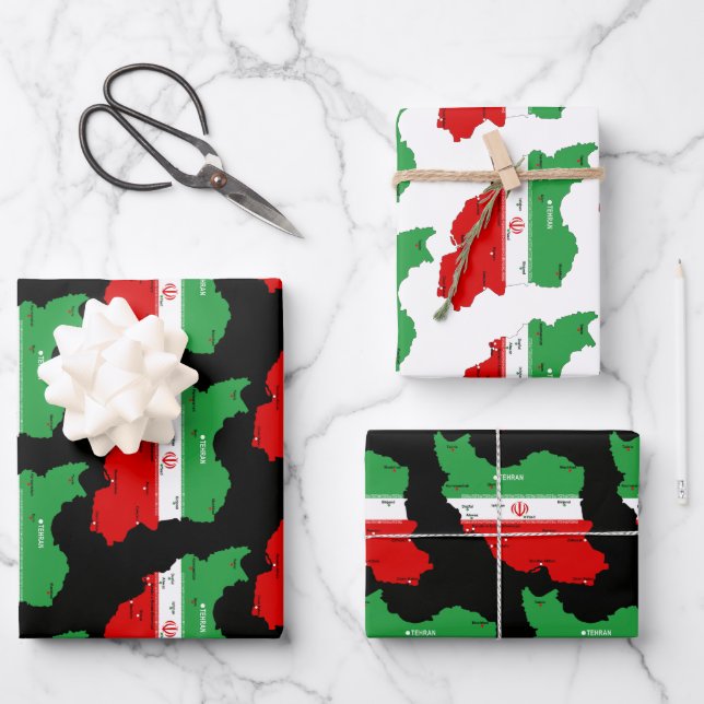 Iran Map with Flag and Emblem Wrapping Paper Sheet (Front)