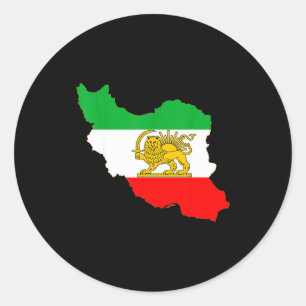 Iran map with lion and sun emblem, persian flag classic round sticker