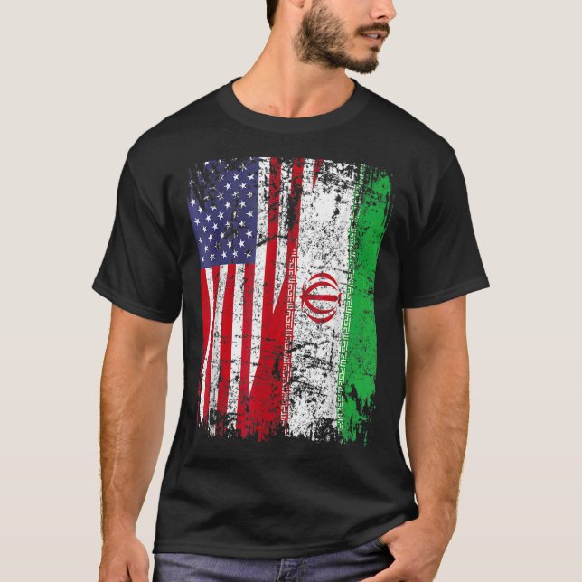 IRANIAN ROOTS Half American Flag IRAN FLAG T-Shirt (Front)