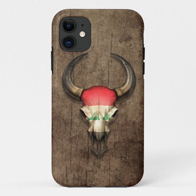 Iraqi Flag Bull Skull on Wood Effect Case-Mate iPhone Case (Back)