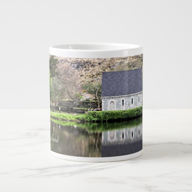 Ireland, Church, Stone Wall, Lake, Photography Large Coffee Mug (Front)