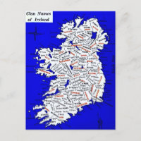 Ireland Clan Names Vintage Map Postcard