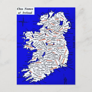 Ireland Clan Names Vintage Map Postcard