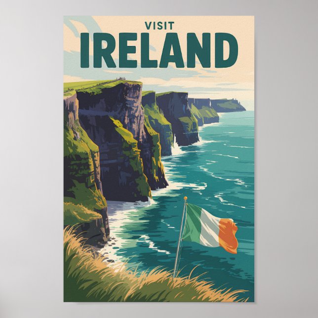 Ireland Cliffs of Moher Illustration Travel Art Poster (Front)