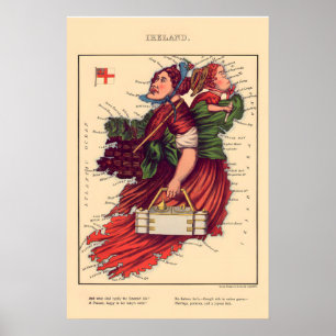Ireland Comical Map Vintage Lithograph860s Poster