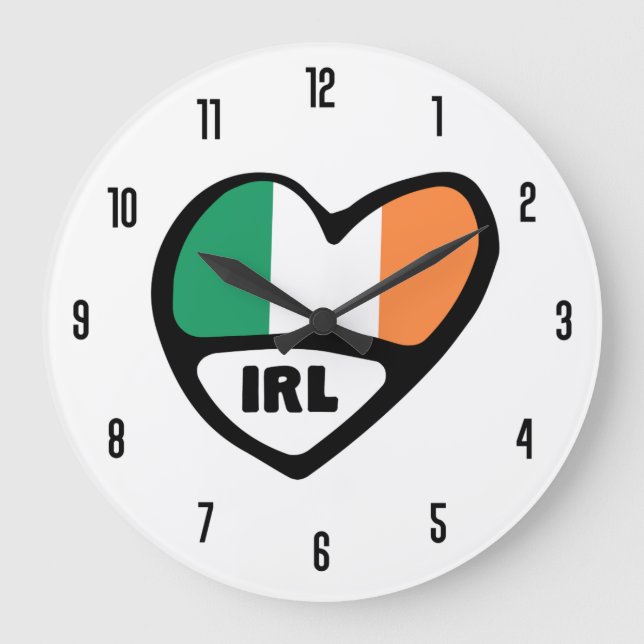 Ireland Country Code IRL Flag Heart Large Clock (Front)