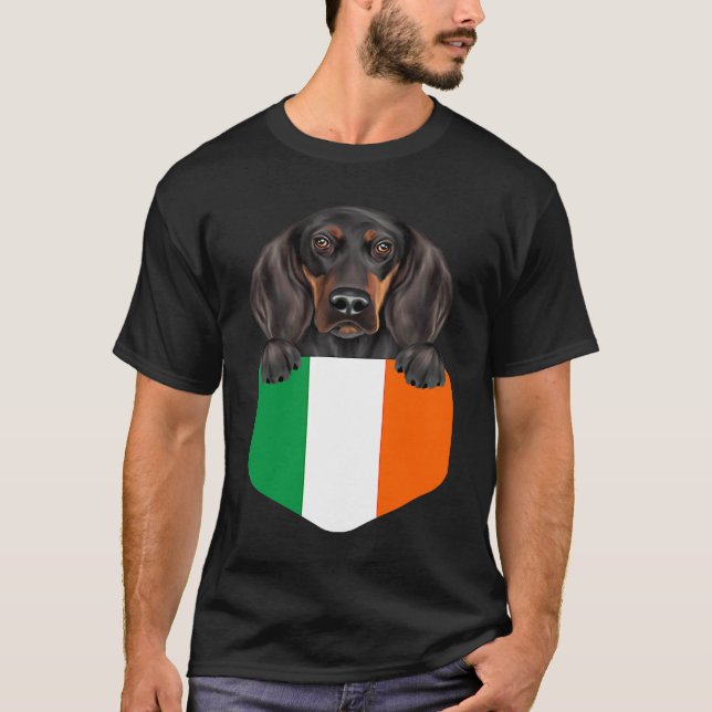 Ireland Flag Black and Tan Coonhound Dog In Pocket T-Shirt (Front)