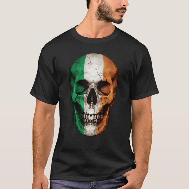 Ireland Flag Skull Irish Roots Proud Patriotic T-Shirt (Front)