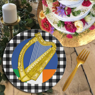 Ireland Harp plate, buffalo plaid & Irish Flag Paper Plate