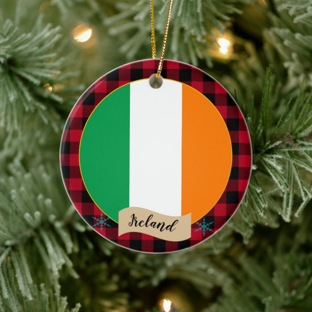 Ireland, Red buffalo plaid & Irish Flag Ceramic Ornament (Tree)