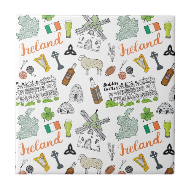 Ireland Sketch Doodle Pattern Ceramic Tile (Front)