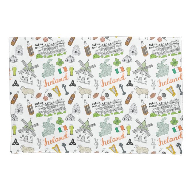 Ireland Sketch Doodle Pattern Pillowcase (Front-Left)