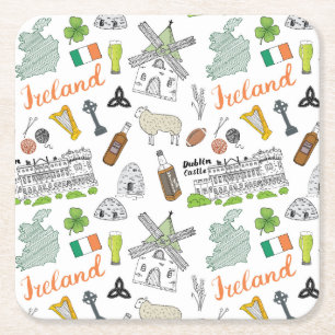 Ireland Sketch Doodle Pattern Square Paper Coaster