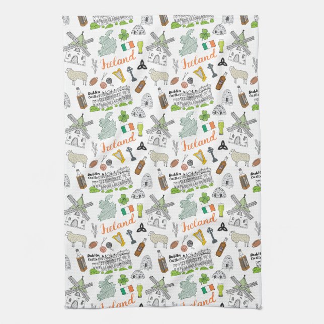 Ireland Sketch Doodle Pattern Tea Towel (Vertical)